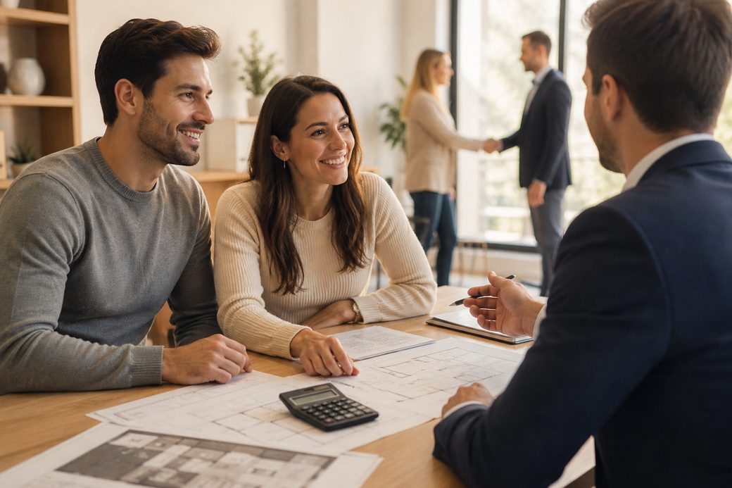 Un couple étudie son plan de financement avec un conseiller ACMI, plans et calculatrice sur la table
