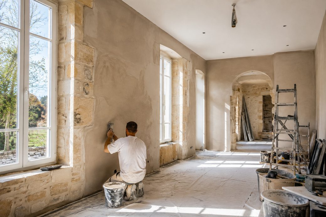 Artisan en cours de rénovation intérieure dans une maison en pierre, chantier suivi par ACMI